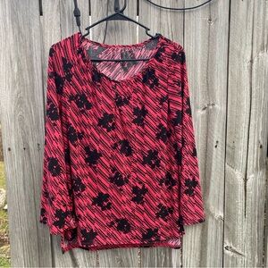 Pink and Black Retro Floral Business Casual Patterned Blouse L